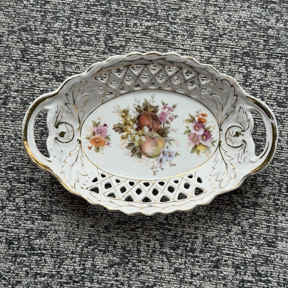 Vintage Reticulated Porcelain Trinket Dish Gold Trim Floral Vanity Tray Handles